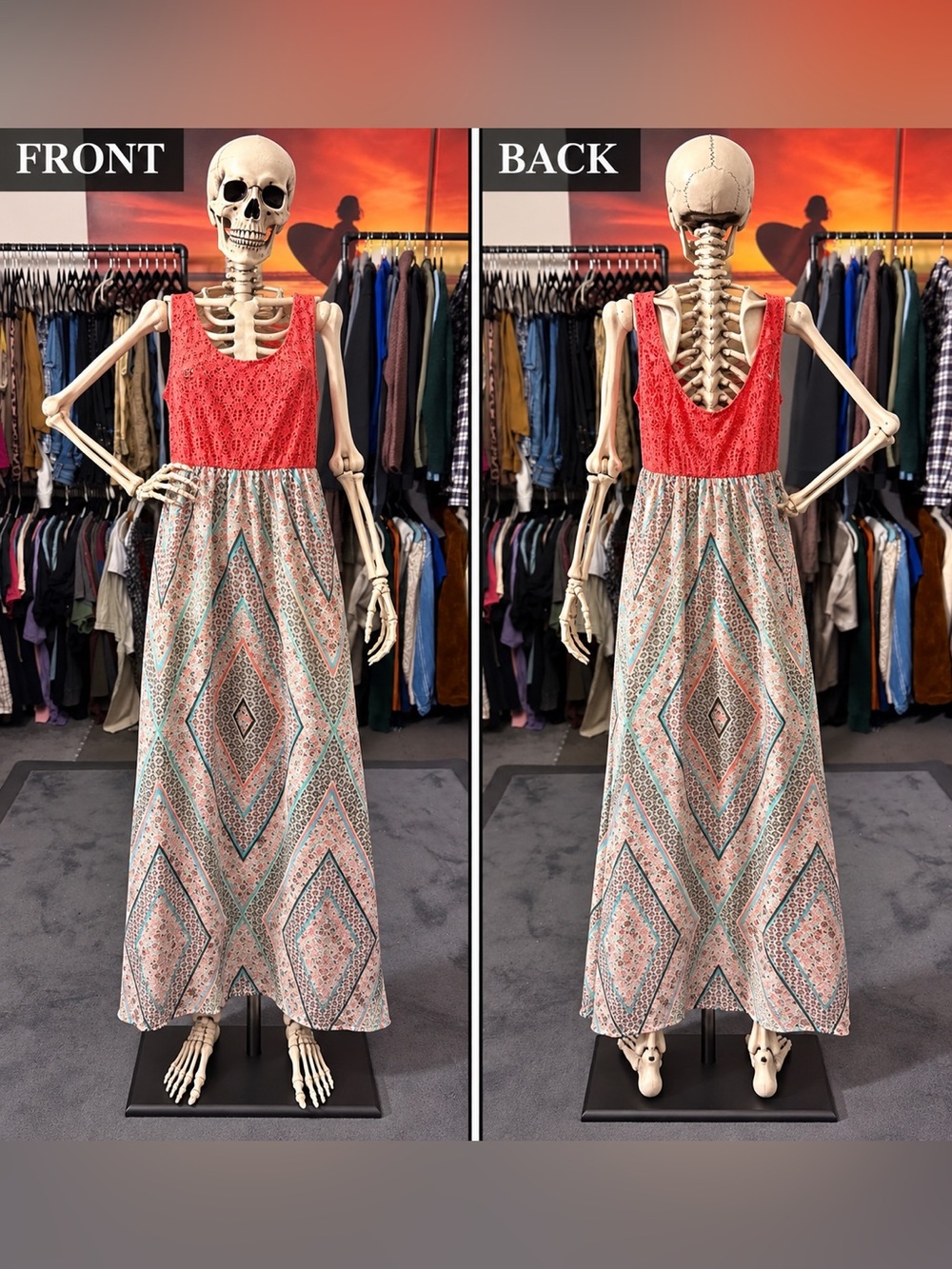 Lily Rose Coral Lace Bodice Maxi Dress with Geometric Print Skirt